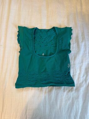 Free People Teal Knit Crochet Scoop Neck Crop Top